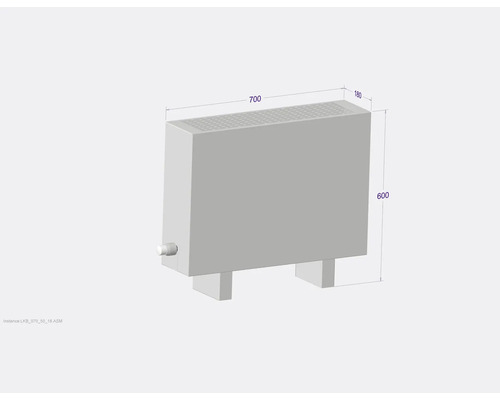 Radiátor o rozměrech 700 x 180 x 600 milimetrů.