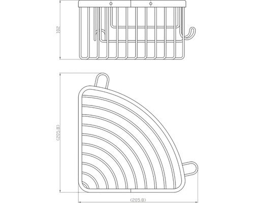 Technický výkres rohové sprchové police s rozměry.
