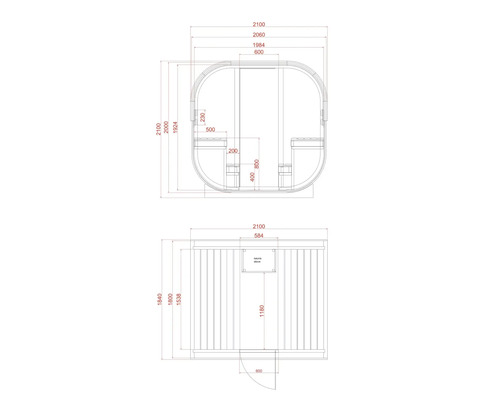 Technický výkres sauny s rozměry.