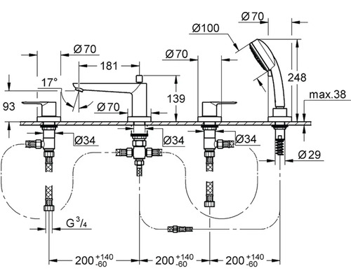 Technický nákres vanové baterie s ruční sprchou a rozměry