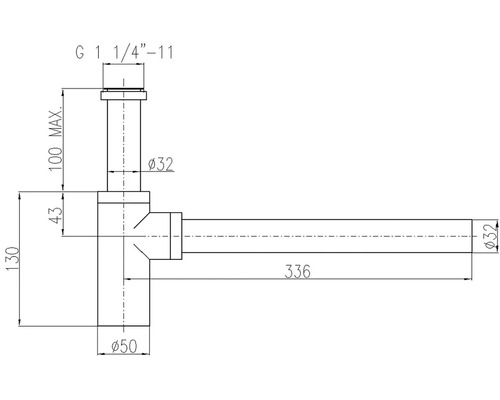 Technický nákres sifonu s rozměry