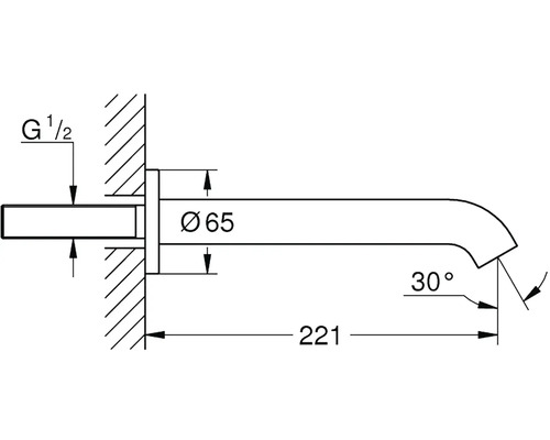 Technický nákres nástěnného výtoku s rozměry