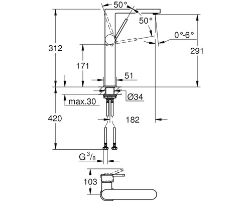 Technický výkres vodovodní baterie s rozměry