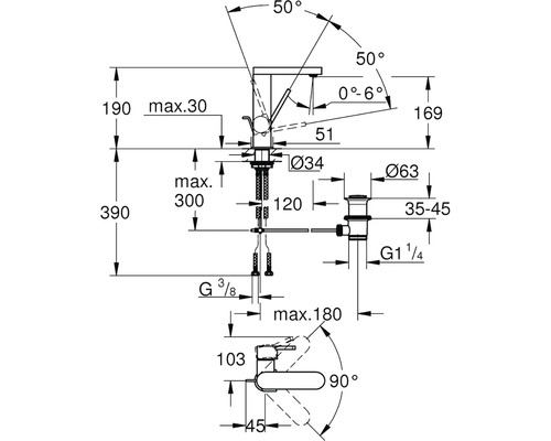 Technický výkres vodovodní baterie s rozměry