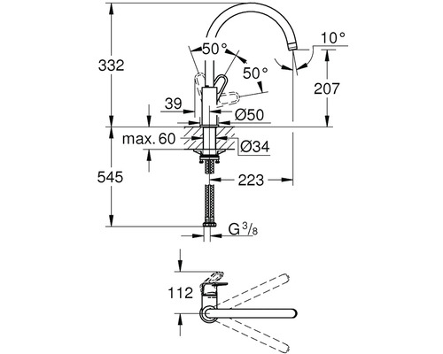 Technický výkres kuchyňské baterie s rozměry