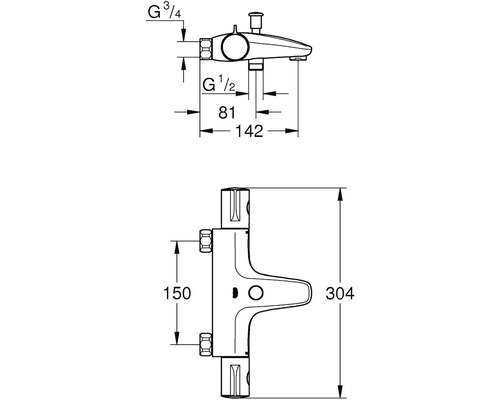 Technický nákres armatury s rozměry