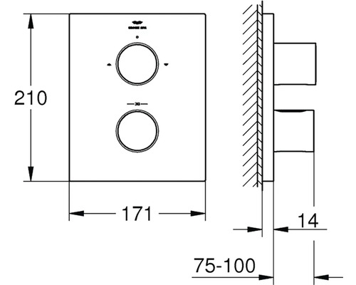 Technický nákres podomítkového termostatu s rozměry