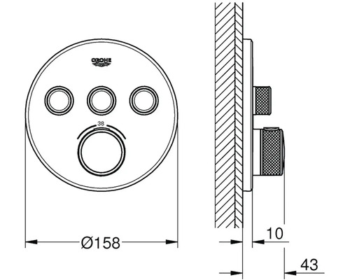 Technický výkres sprchové armatury Grohe s rozměry