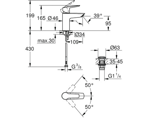 Technický výkres armatury s rozměry