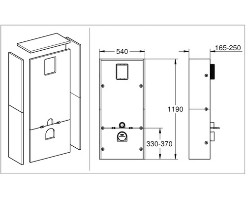Technický nákres toaletního modulu o rozměrech 1190 x 540 x 165-250 milimetrů.