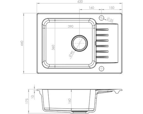 Technický výkres dřezu s rozměry.