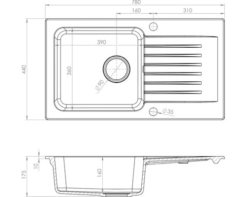 Technický nákres kuchyňského dřezu s rozměry.