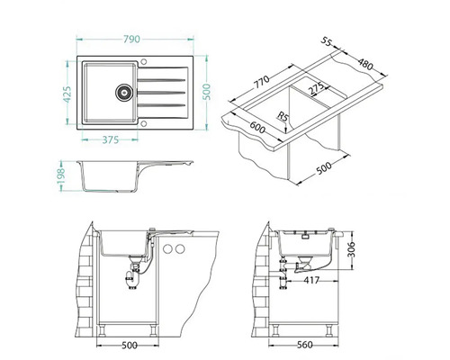 Technický výkres dřezu s rozměry