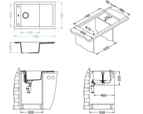 Technický nákres kuchyňského dřezu s rozměry