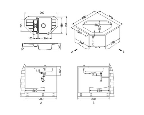 Technický nákres rohového umyvadla s rozměry