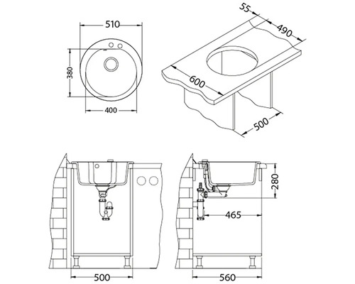 Technický nákres umyvadlové skříňky s rozměry