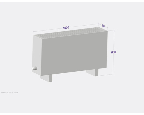 Obrázek topného tělesa o rozměrech 1000 x 230 x 600 mm.