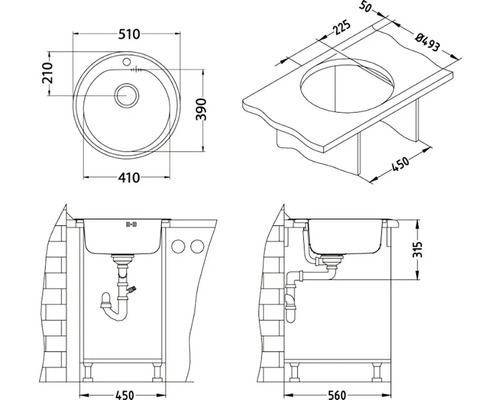 Technický výkres umyvadla na desku s rozměry.