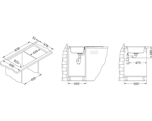 Nákres dřezu s rozměry