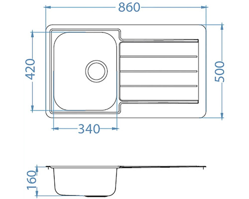 Technický nákres dřezu s odkapávací plochou a rozměry.