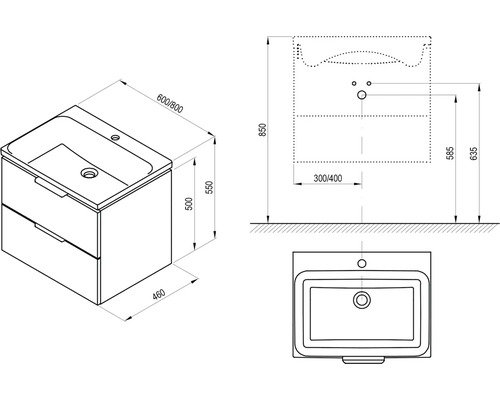 Technický výkres skříňky pod umyvadlo s rozměry