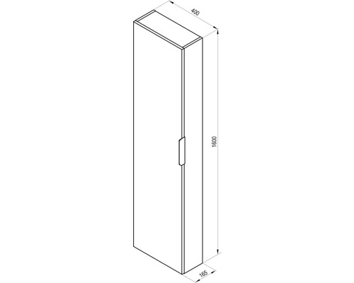 Nákres vysoké skříně o rozměrech 1600 x 400 x 165 milimetrů