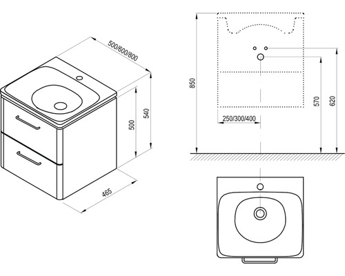 Technický výkres skříňky pod umyvadlo s rozměry