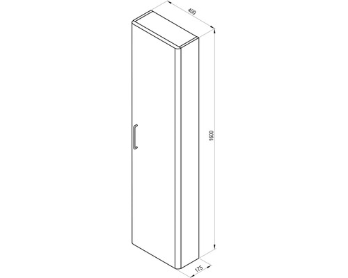 Technický nákres koupelnové vysoké skříňky o rozměrech 1600 x 400 x 175 milimetrů.