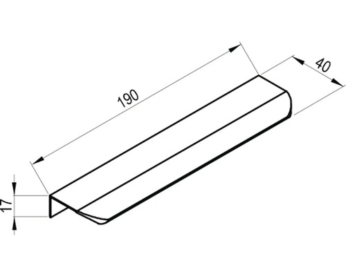 Technický výkres nábytkové úchytky o rozměrech 190, 40 a 17 milimetrů