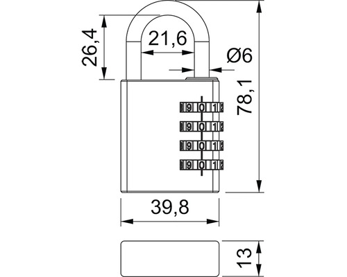 Technický výkres číselného zámku s rozměry
