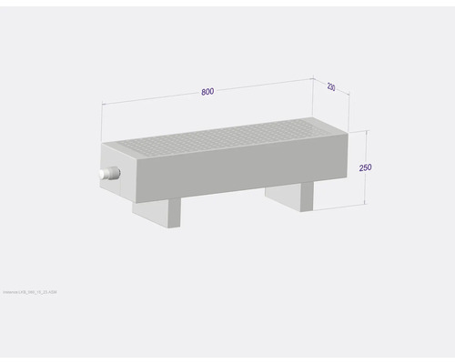 Ilustrace obdélníkového filtru o rozměrech 800 x 230 x 250 milimetrů.