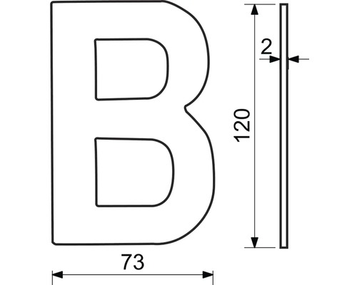 Rozměry písmene B: 120 x 73 x 2 milimetry