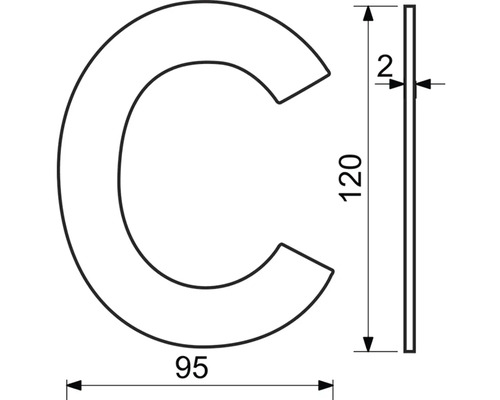 Obrázek rozměrů písmene C: 120 milimetrů vysoký, 95 milimetrů široký a 2 milimetry silný.