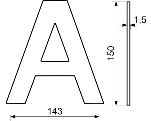 Technický nákres písmene A s rozměry