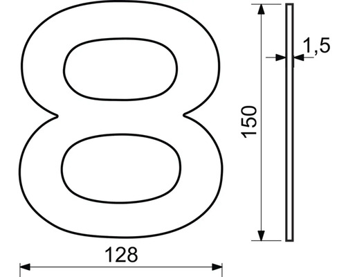 Obrázek rozměrů domovního čísla 8: výška 150 mm, šířka 128 mm, tloušťka 1,5 mm