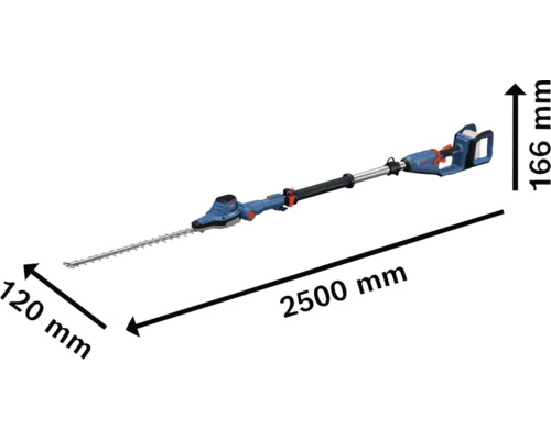 Obrázek nůžek na živý plot o rozměrech 2500 mm délka, 120 mm šířka a 166 mm výška.