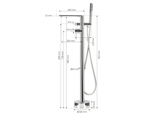 Rozměrový nákres volně stojící vanové baterie s ruční sprchou o rozměrech 922 mm výška, 244 mm vyložení a 160 mm průměr základny.
