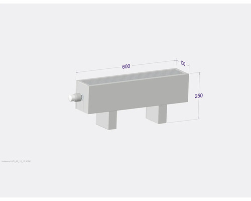 Radiátor s rozměry: délka 600 mm, šířka 130 mm, výška 250 mm
