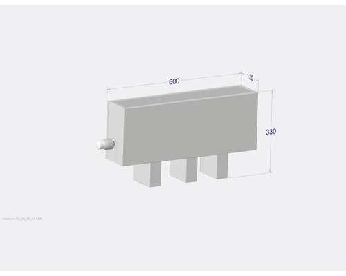 Radiátor s rozměry 600 x 330 x 130 milimetrů.