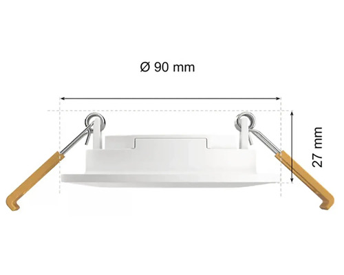 Vestavné bodové svítidlo o rozměrech 90 mm v průměru a 27 mm na výšku