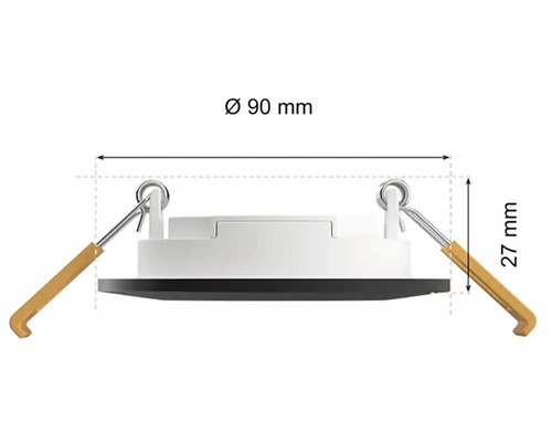 Vestavné bodové svítidlo o průměru 90 milimetrů a výšce 27 milimetrů.