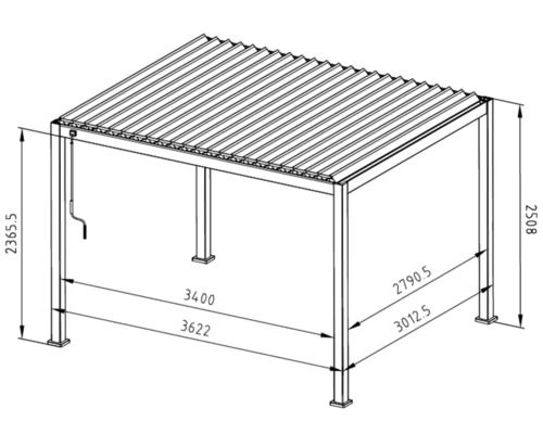 Technický výkres terasového zastřešení s rozměry