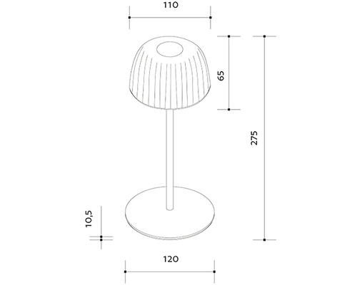 Technický výkres stolní lampy s rozměry