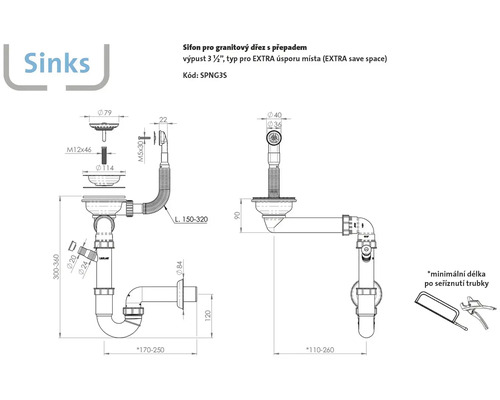 Technický nákres sifonu pro granitové dřezy s přepadem, odtoková souprava 3 1/2 palce