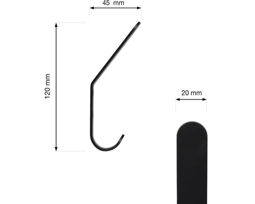 Nástěnný hák s rozměry: výška 120 mm, hloubka 45 mm, šířka 20 mm