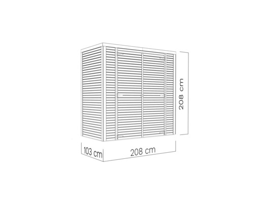 Nákres zahradního domku o rozměrech 208 x 208 x 103 centimetrů.