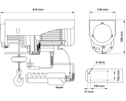 Technický výkres elektrického řetězového kladkostroje s rozměry