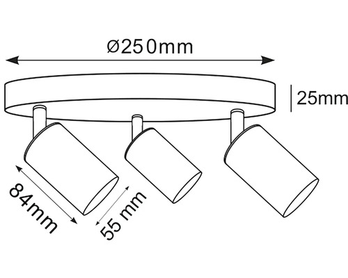 Technický nákres stropního svítidla se třemi reflektory a rozměry 250 mm průměr, 25 mm výška, 84 mm délka a 55 mm šířka.