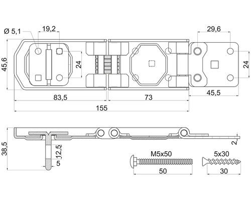 Technický výkres okenního kování s rozměry