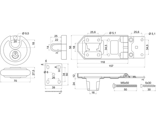 Technický výkres dveřního závory s rozměry